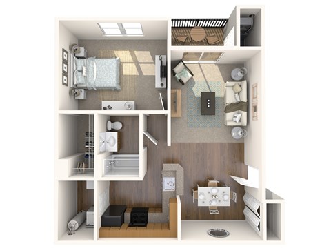 Floor plan for 1 bed, 1 bath, 833 sqft
